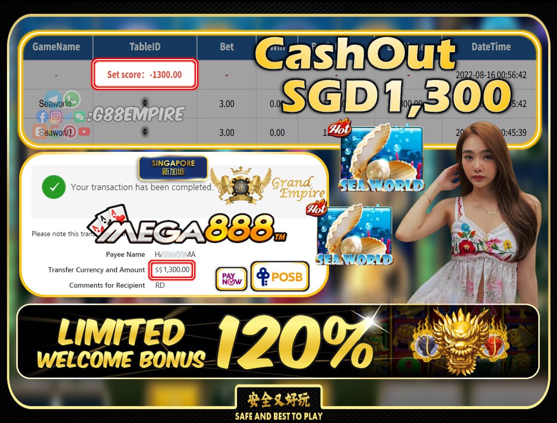  MEGA888 ~ SEAWORLD CASHOUT SGD1300!!!