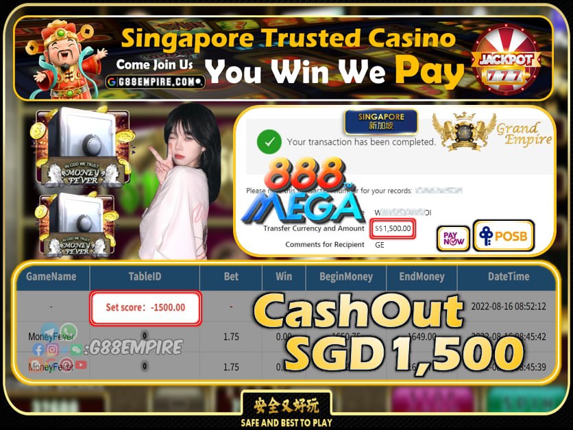 MEGA888 ~ MONEYFEVER CASHOUT SGD1500 !!!