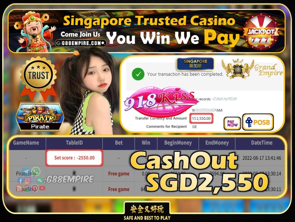 918KISS ~PIRATESSHIP  CASHOUT SGD2550 !!!