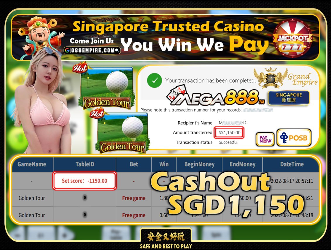 MEGA888 ~ GOLDENTOUR CASHOUT SGD1150!!!