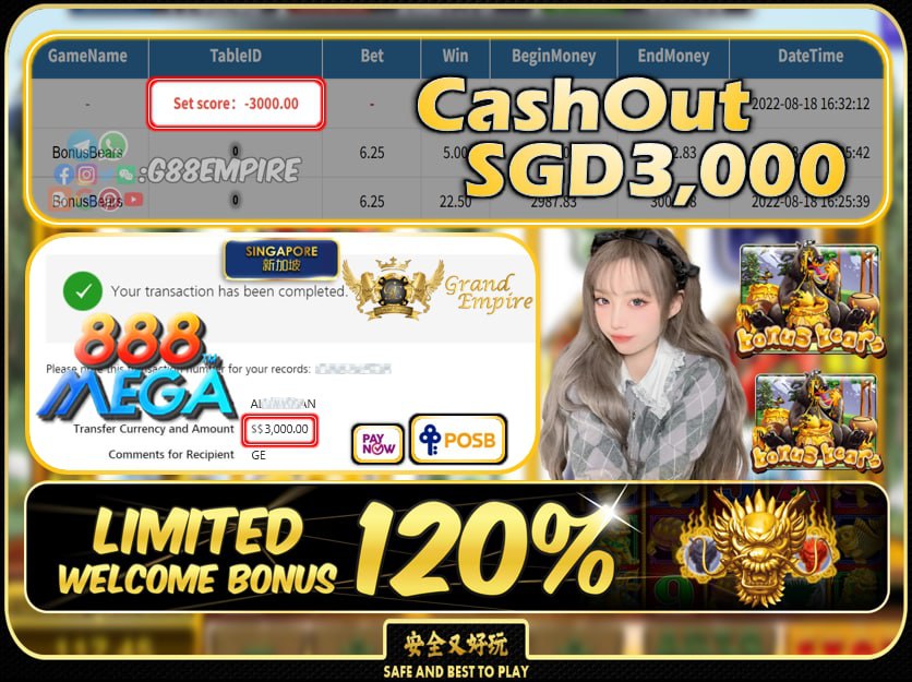 MEGA888 ~ BONUSBEARS CASHOUT SGD3000 !!!