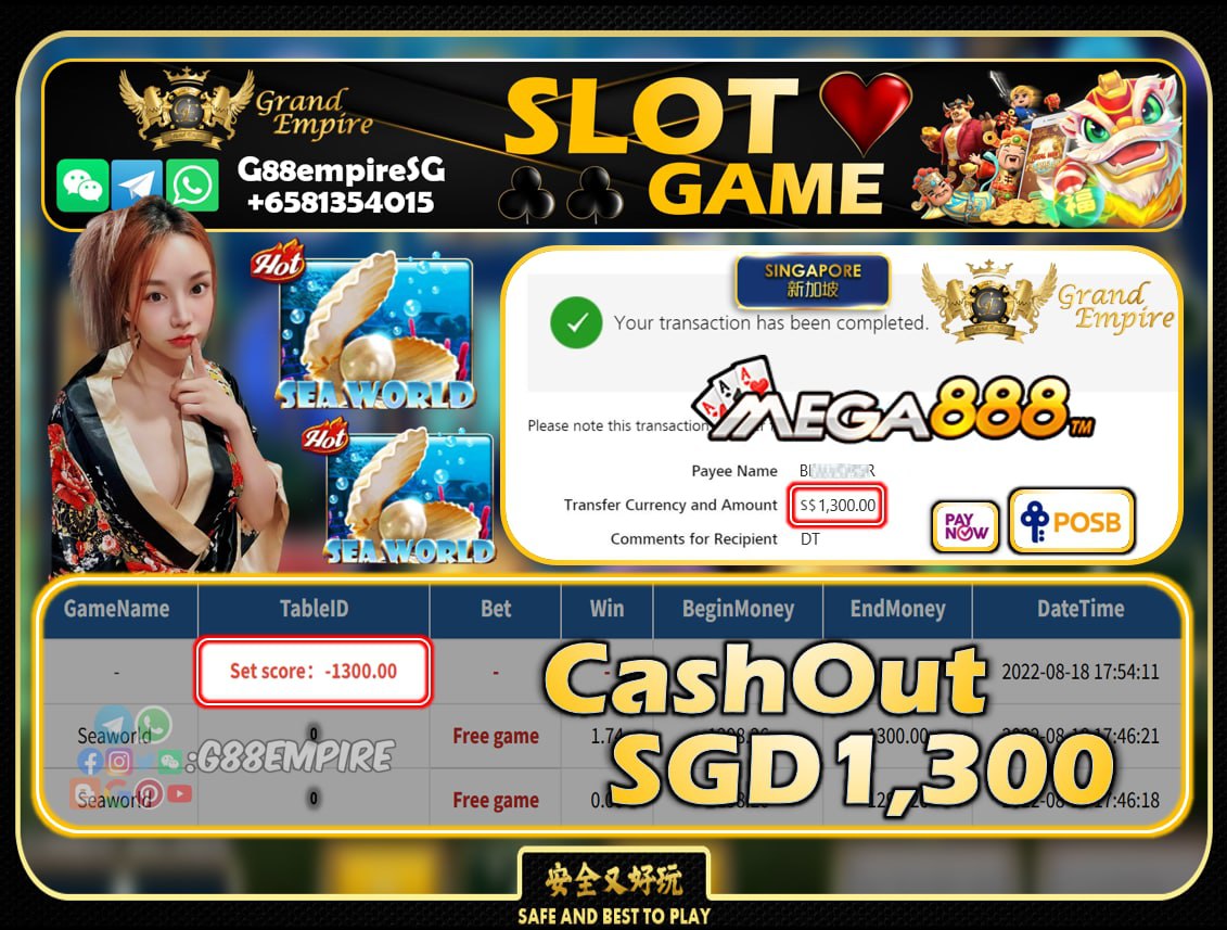 MEGA888 ~ SEAWORLD CASHOUT SGD1300!!!