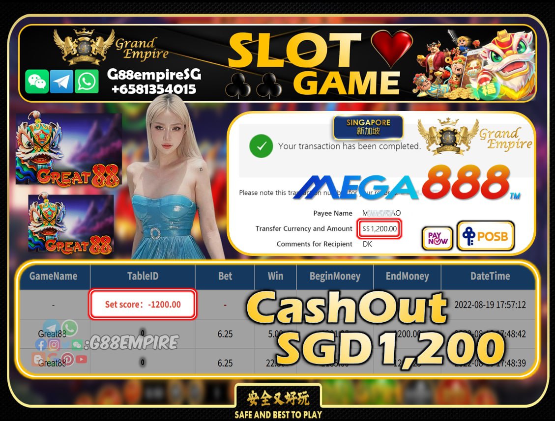 MEGA888 ~ GREAT88 CASHOUT SGD1200!!!