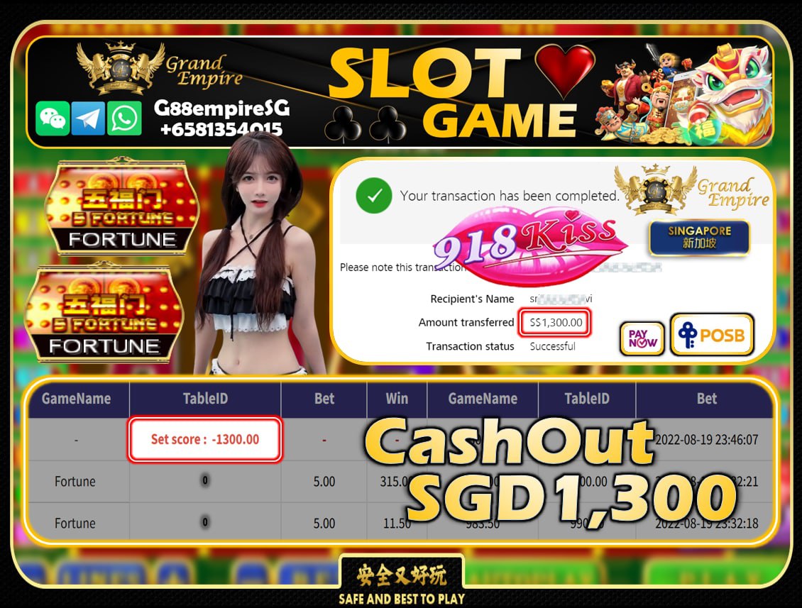 918KISS ~ FORTUNE CASHOUT SGD1300!!!