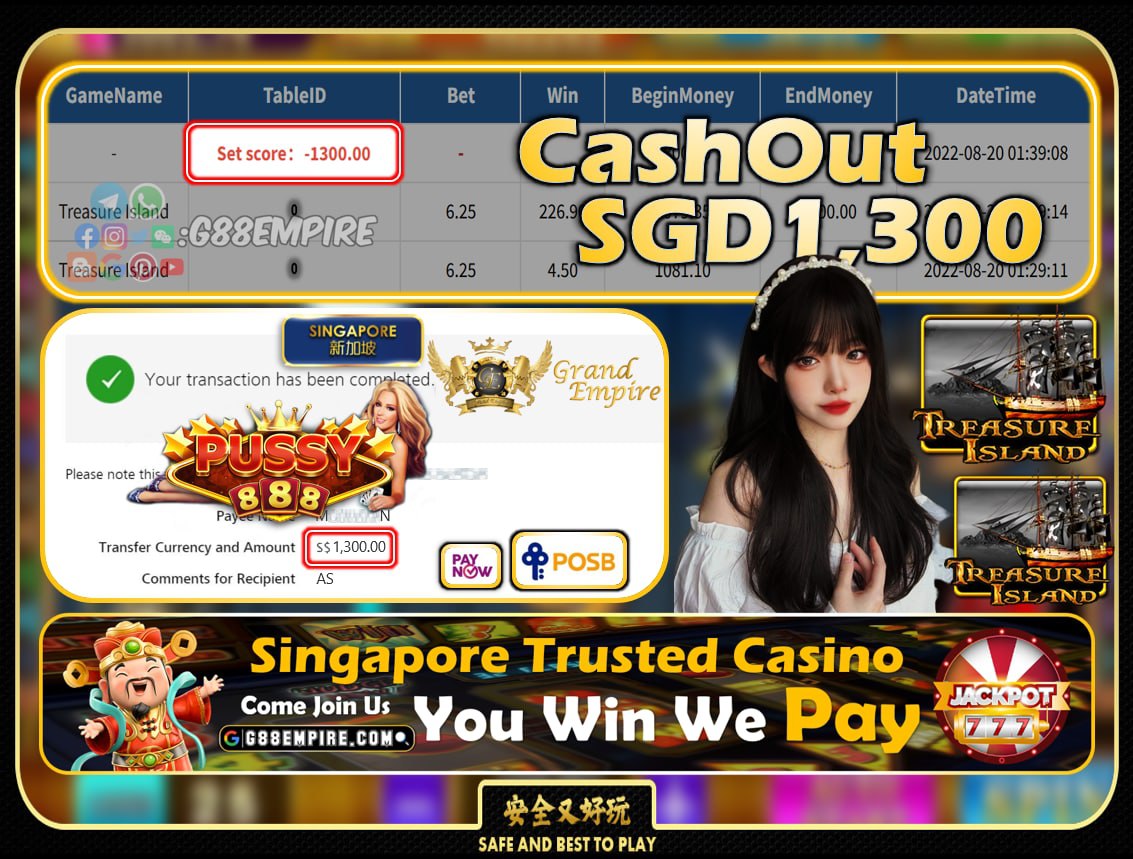 PUSSY888 ~ TREASURE ISLAND CASHOUT SGD1300!!!