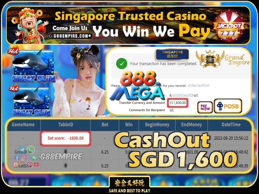 MEGA888 ~ GREATBLUE CASHOUT SGD1600 !!!