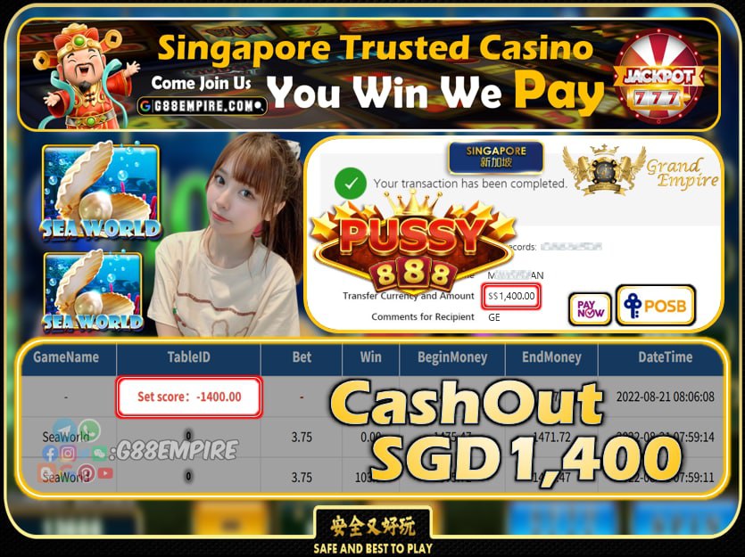 PUSSY888 ~ SEAWORLD CASHOUT SGD1400 !!!