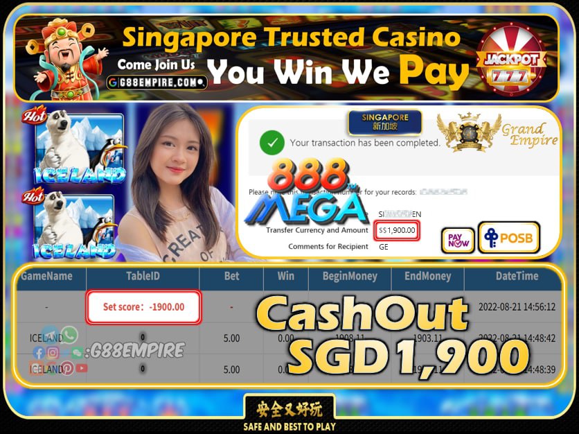 MEGA888 ~ ICELAND CASHOUT SGD1900 !!!