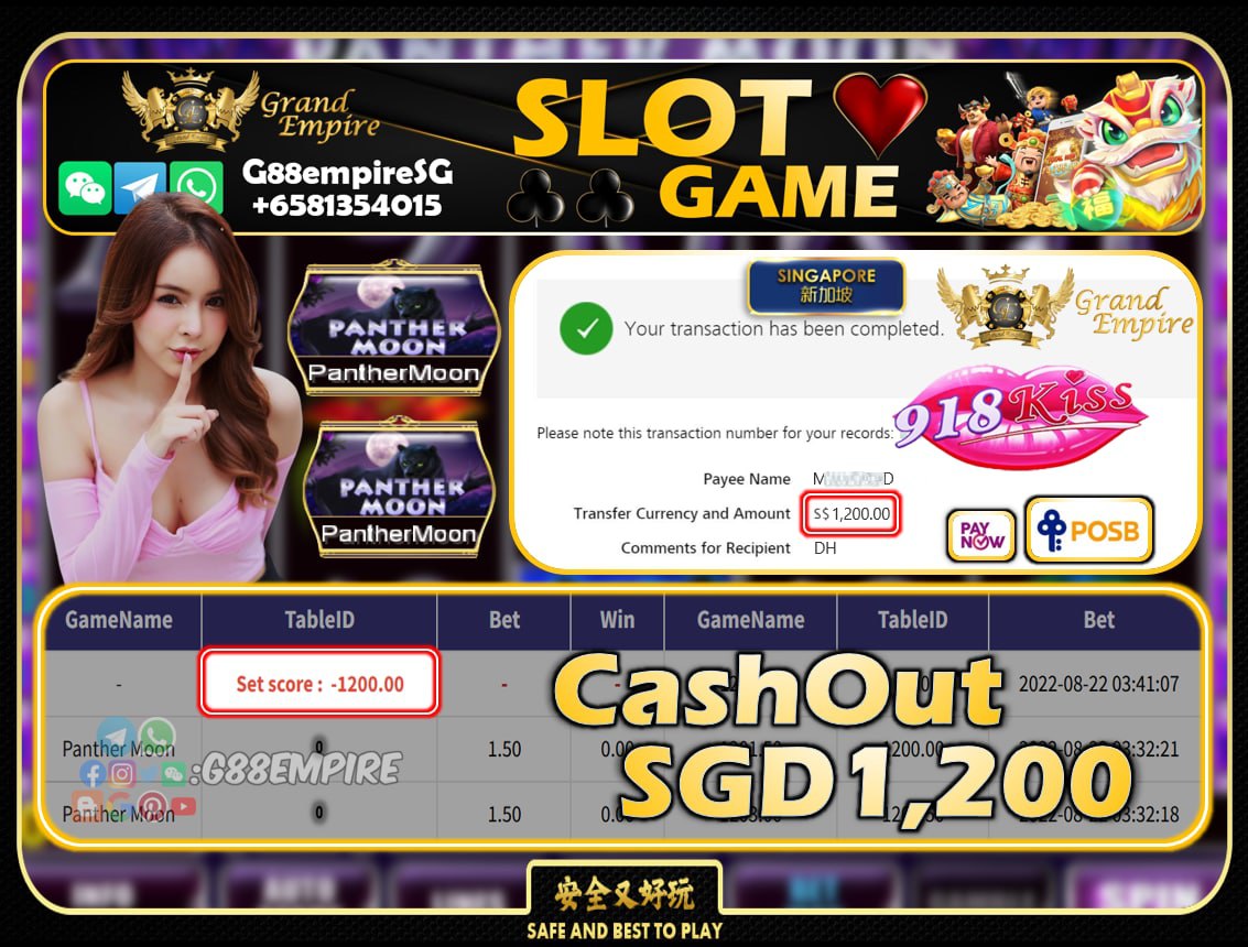 918KISS ~ PANTHERMOON CASHOUT SGD1200!!!