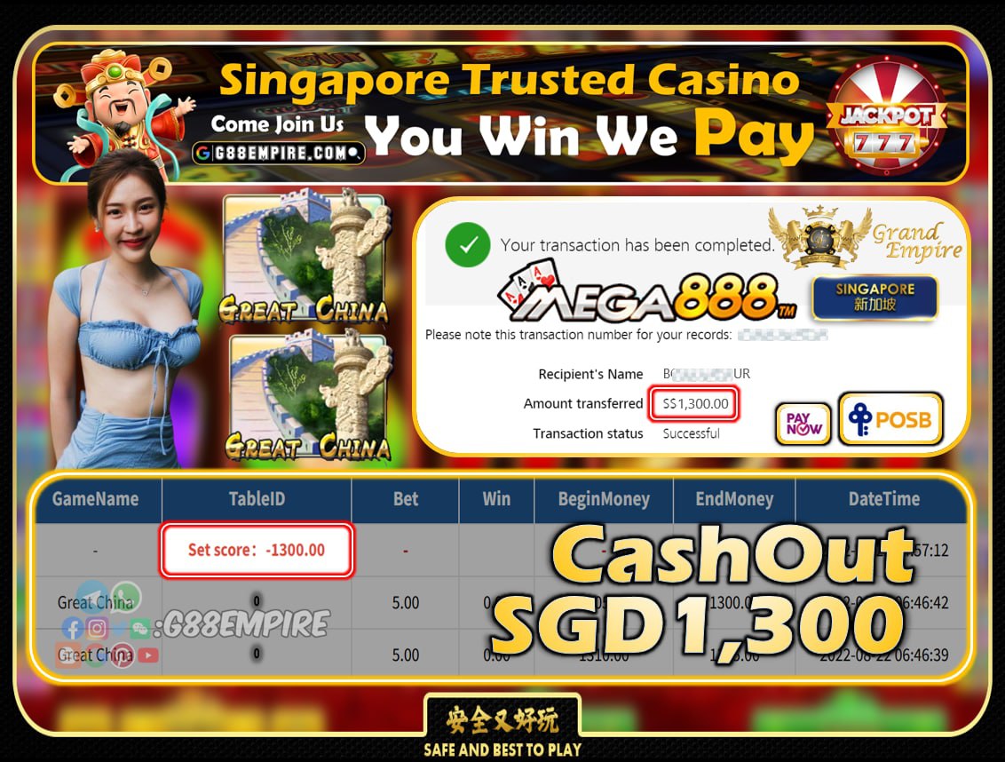 MEGA888 ~ GREAT CHINA CASHOUT SGD1300!!!