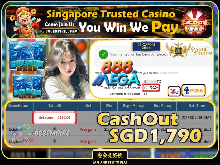 MEGA888 ~ DOLPHINREEF CASHOUT SGD1790 !!!