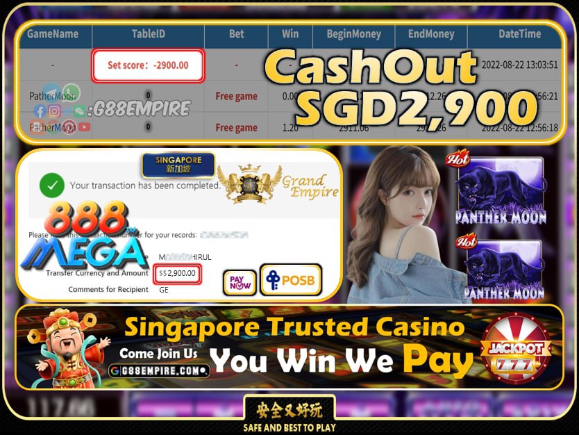 MEGA888 ~ PANTHERMOON CASHOUT SGD2900 !!!