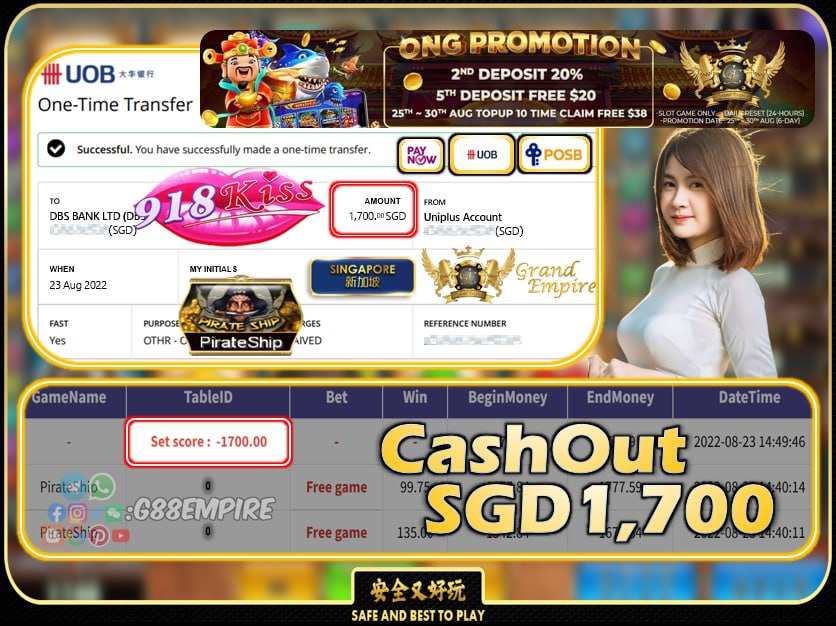 918KISS ~ PIRATESHIP CASHOUT SGD1700 !!!