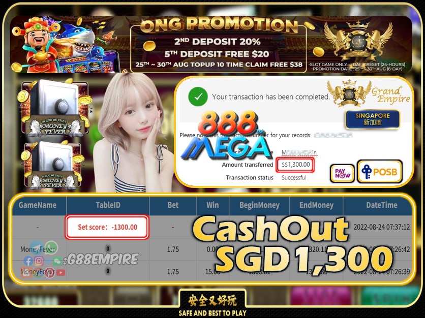 MEGA888 ~ MONEYFEVER CASHOUT SGD1300 !!!