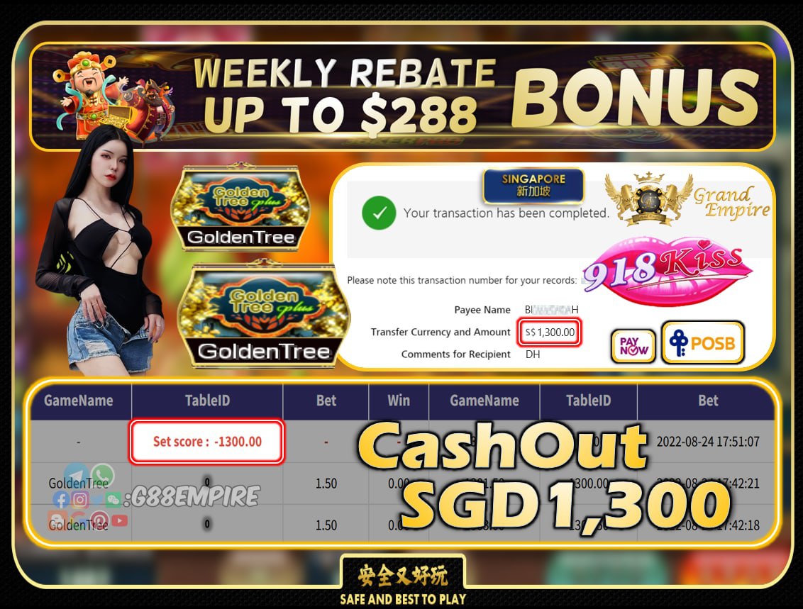 918KISS ~ GOLDENTREE CASHOUT SGD1300!!!