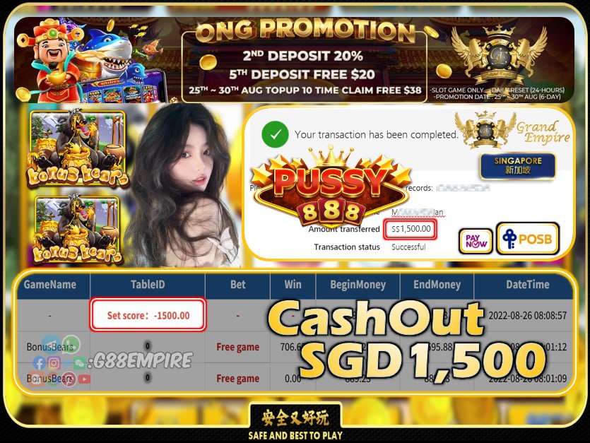 PUSSY888  ~ BONUSBEARS CASHOUT SGD1500 !!!PUSSY888  ~ BONUSBEARS CASHOUT SGD1500 !!!