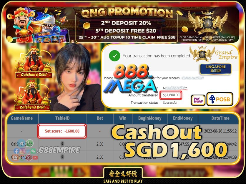 MEGA888  ~ CAISHENGOLD CASHOUT SGD1600 !!!