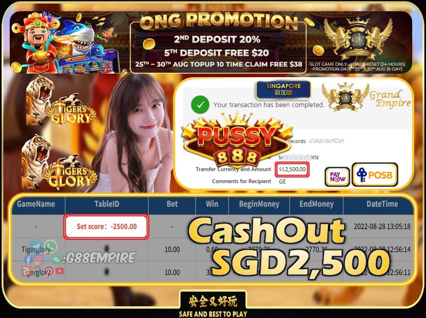 PUSSY888 ~ TIGERGLORY CASHOUT SGD2500 !!!