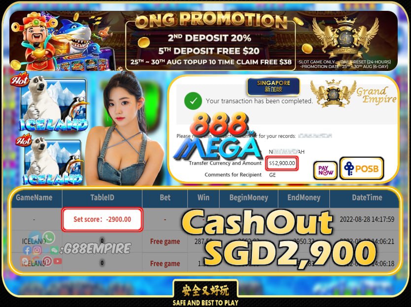 MEGA888 ~ ICELAND CASHOUT SGD2900 !!!