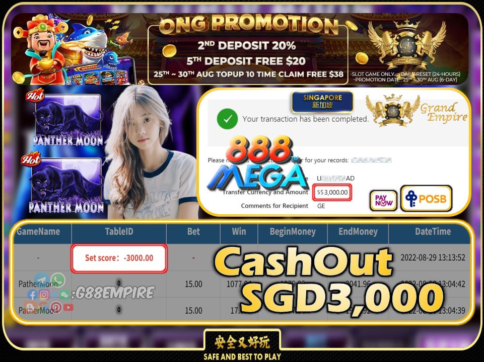 MEGA888 ~ PANTHERMOON CASHOUT SGD3000 !!!