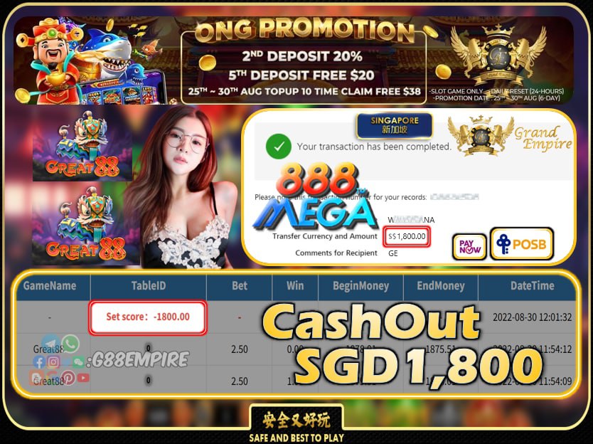 MEGA888 ~ GREAT88 CASHOUT SGD1800 !!!