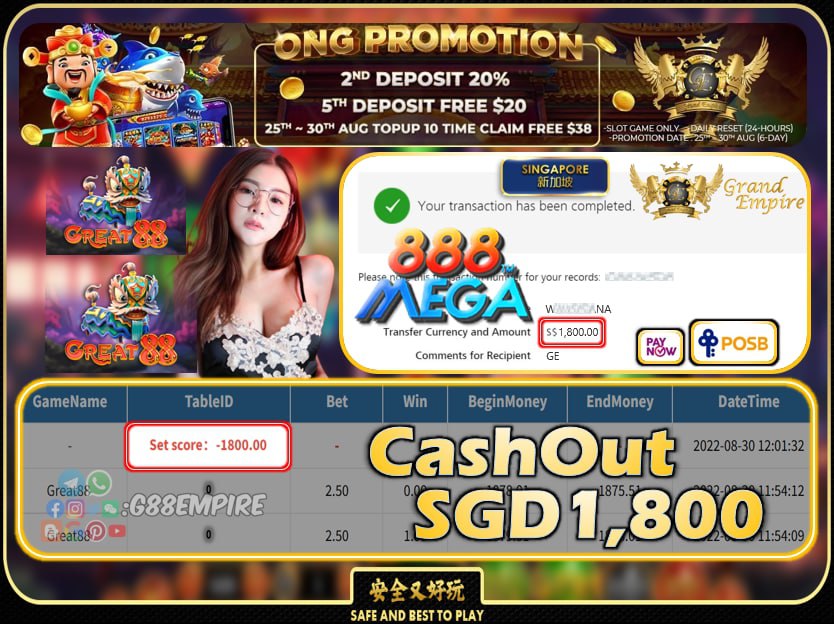 MEGA888 ~ GREAT88 CASHOUT SGD1800 !!!