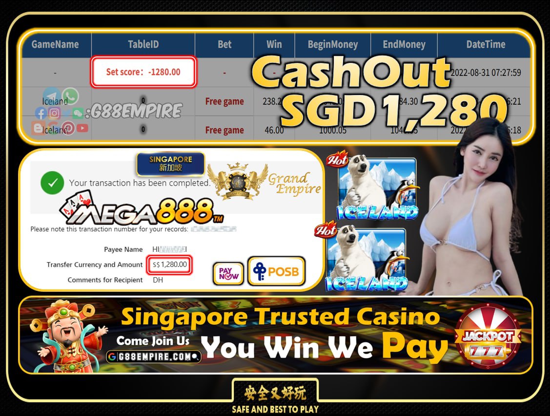 MEGA888 ~ ICELAND CASHOUT SGD1280!!!