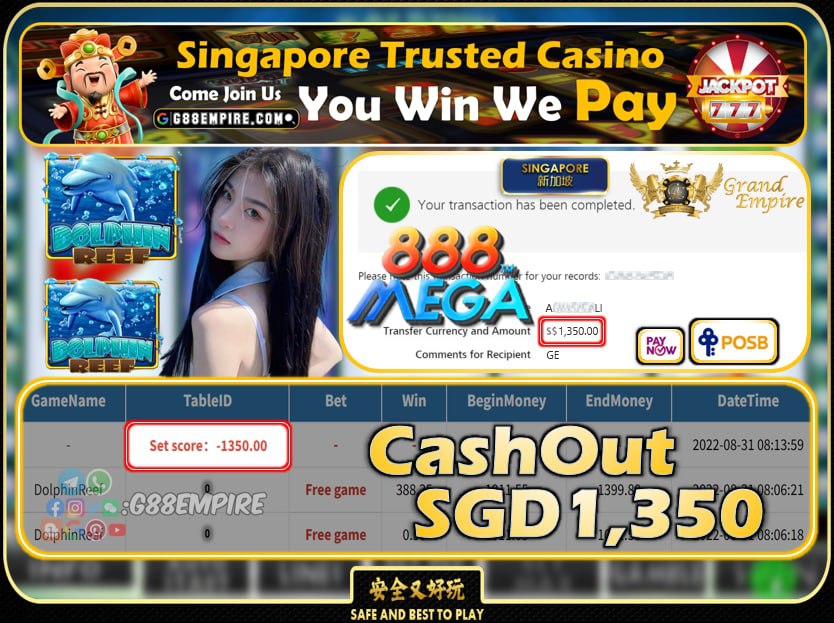 MEGA888 ~ DOLPHINREEF CASHOUT SGD1350 !!!