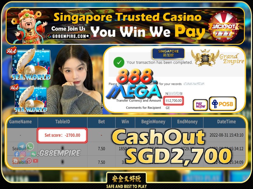 MEGA888 ~ SEAWORLD CASHOUT SGD2700 !!!