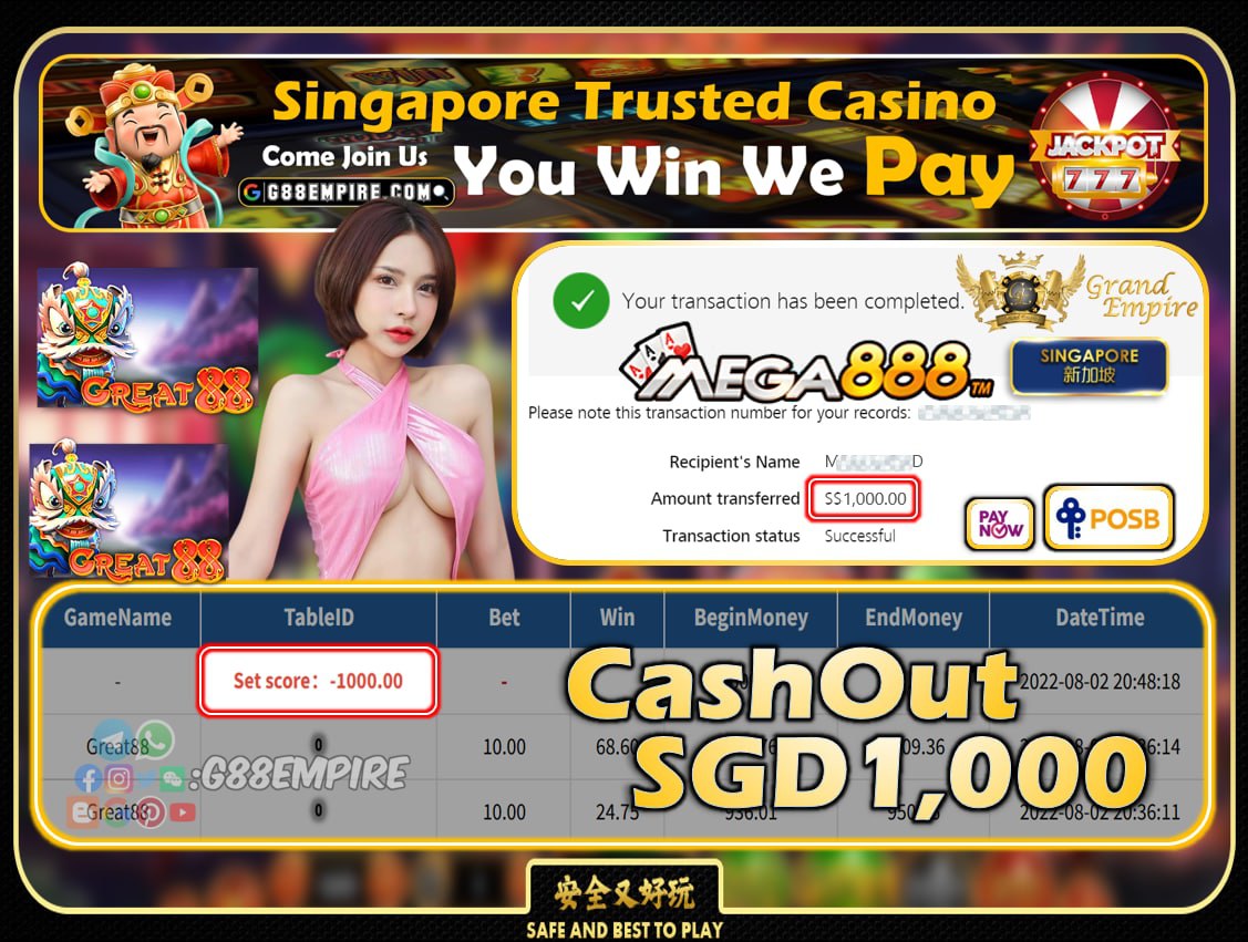 MEGA888 ~ GREAT88 CASHOUT SGD1000!!!