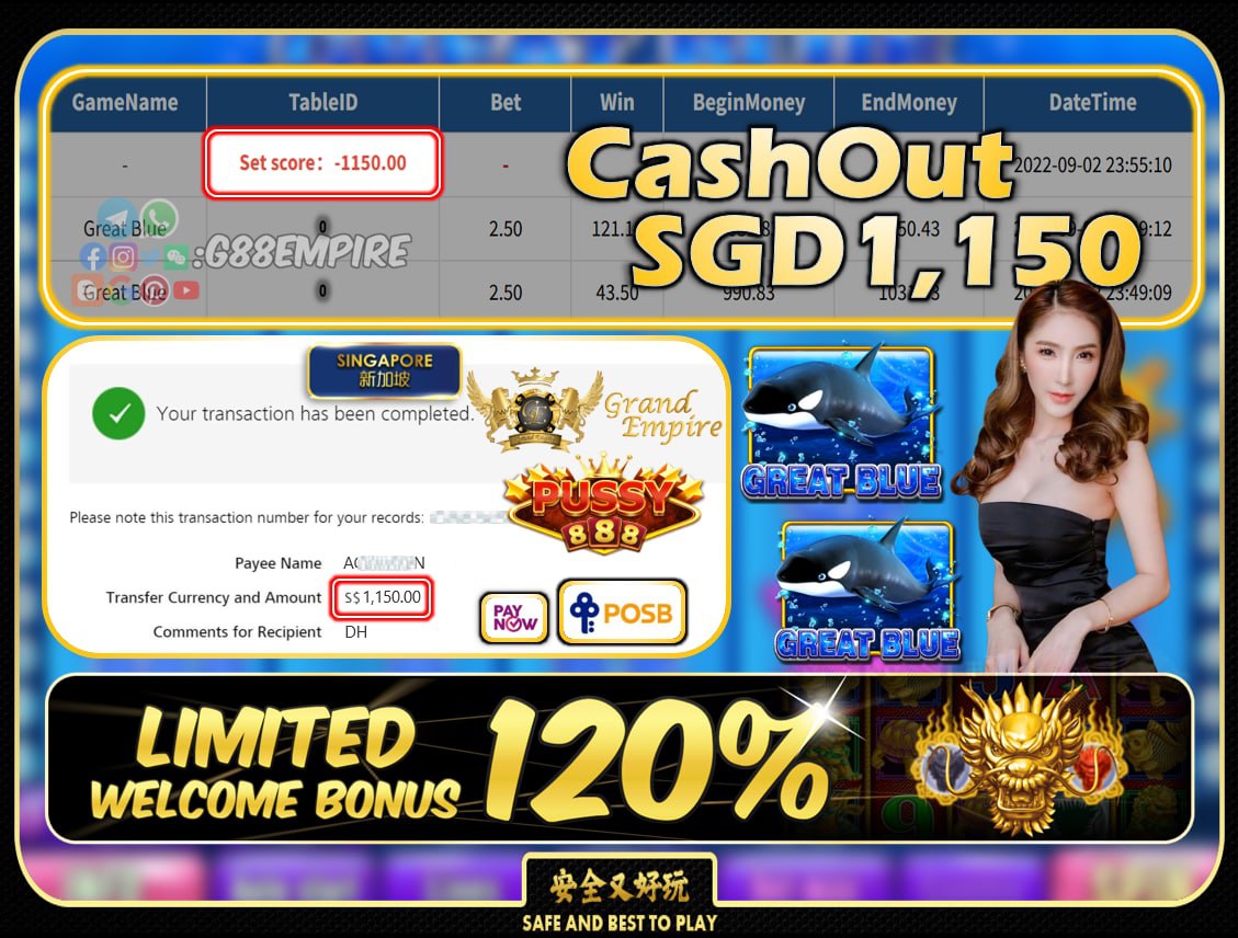 PUSSY888 ~ GREATBLUE CASHOUT SGD1150!!!