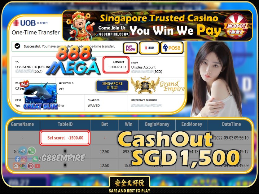 MEGA888 ~ GREATBLUE CASHOUT SGD1500 !!!