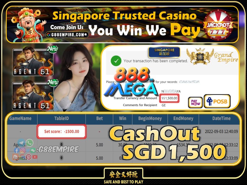 MEGA888 ~ AGENT51 CASHOUT SGD1500 !!!