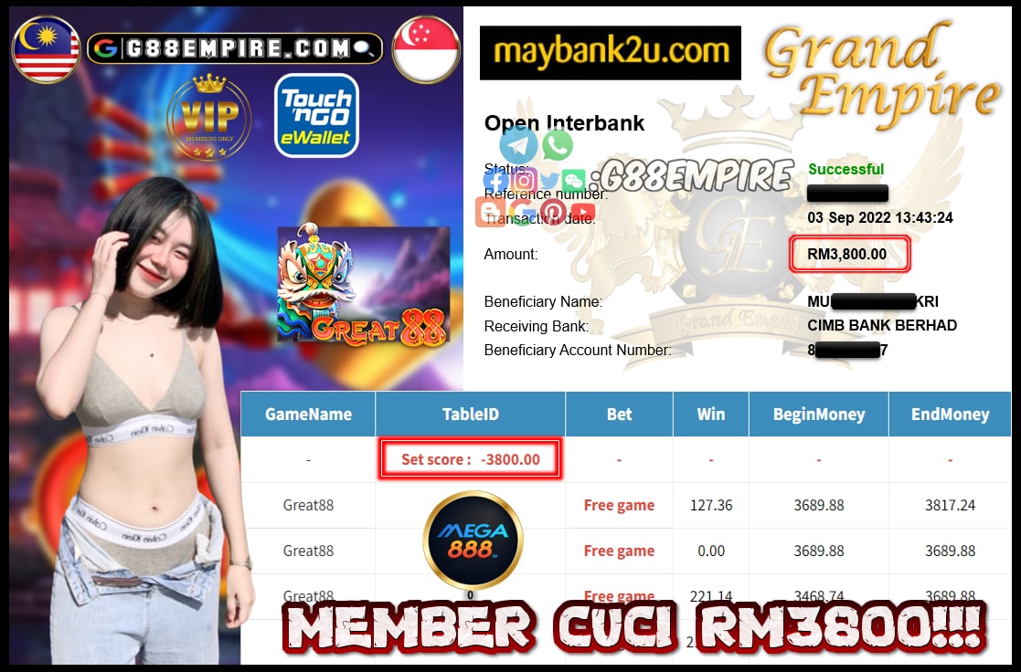 MEGA888 GREAT88 CUCI RM3800