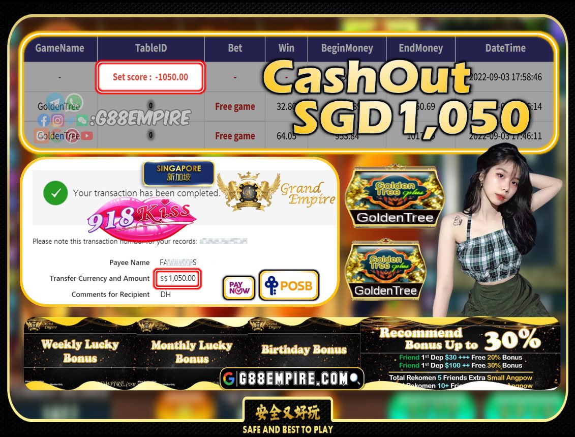 918KISS ~ GOLDENTREE CASHOUT SGD1050!!!