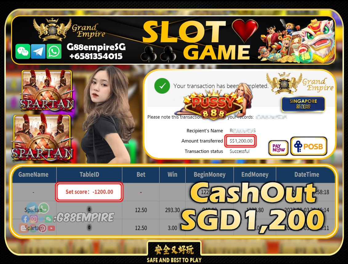 PUSSY888 ~ SPARTAN CASHOUT SGD1,200!!!