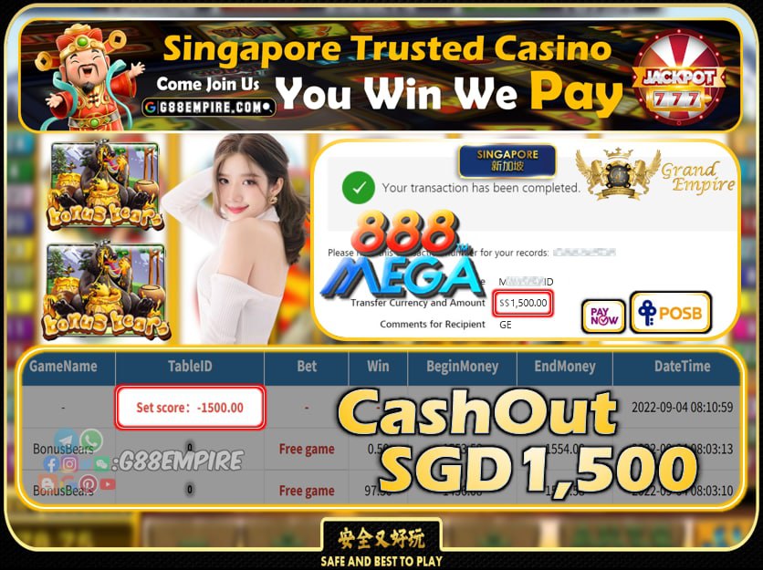 MEGA888 ~ BONUSBEARS CASHOUT SGD1500 !!!