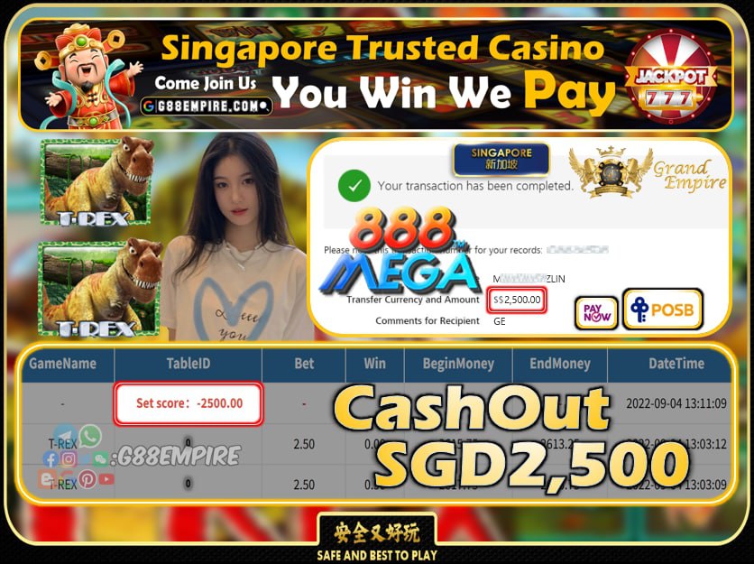 MEGA888 ~ T-REX CASHOUT SGD2500 !!!