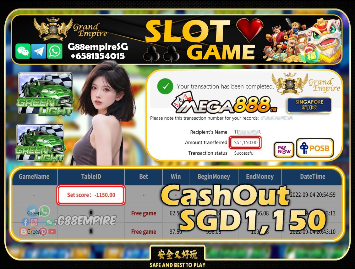 MEGA888 ~ GREEN CASHOUT SGD1150!!!