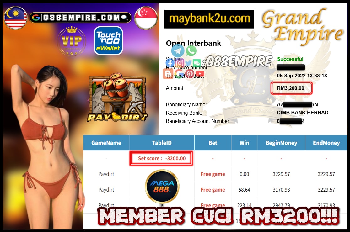 MEGA888 PAYDIRT CUCI RM3200!!!