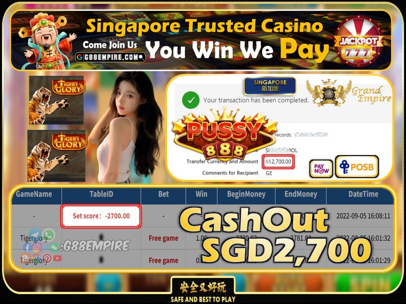 PUSSY888 ~ TIGERGLORY CASHOUT SGD2700 !!!