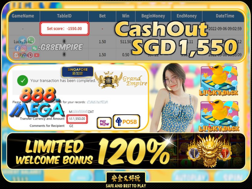 MEGA888 ~ LUCKYDUCK CASHOUT SGD1550 !!!