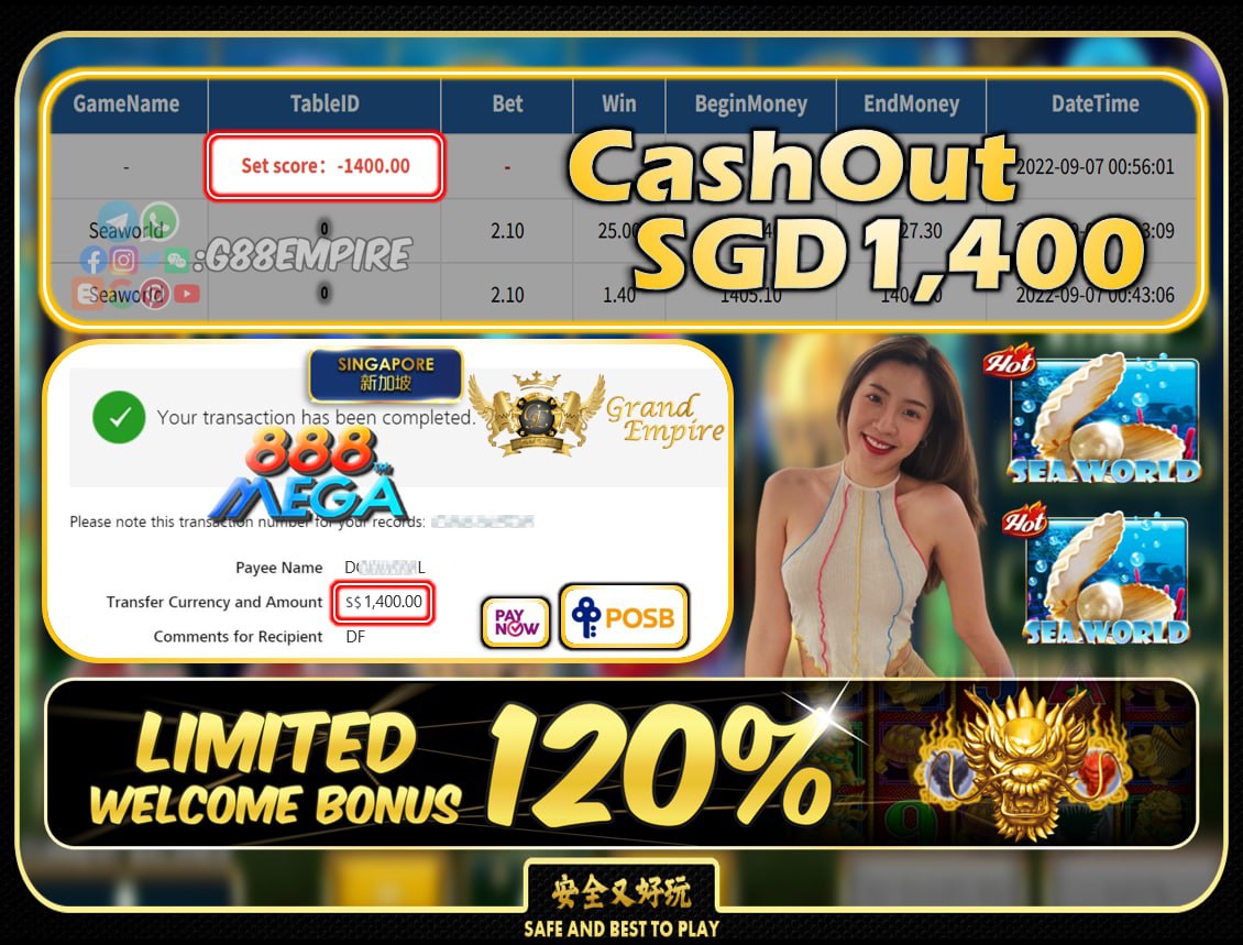 MEGA888 ~ SEAWORLD CASHOUT SGD1400!!!