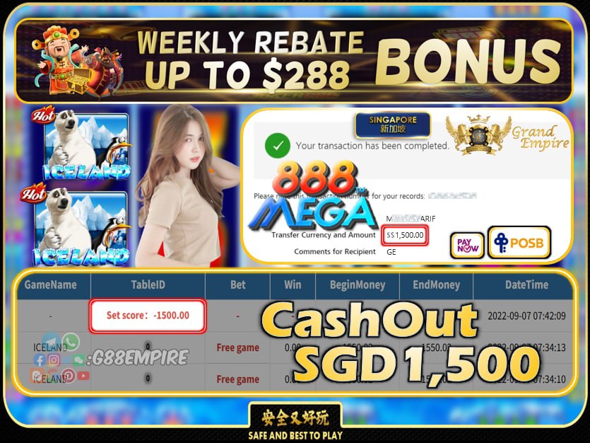 MEGA888 ~ ICELAND CASHOUT SGD1500 !!!