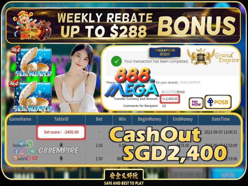 MEGA888 ~ SEAWORLD CASHOUT SGD2400 !!!