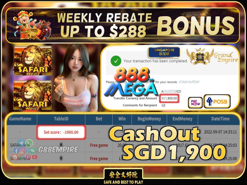 MEGA888 ~ SAFARI HEAT CASHOUT SGD1900 !!!