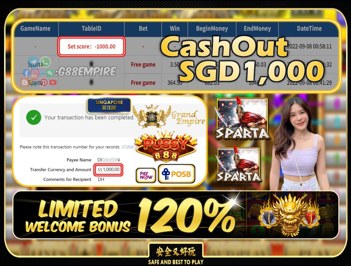 PUSSY888 ~ SPARTA CASHOUT SGD1000!!!