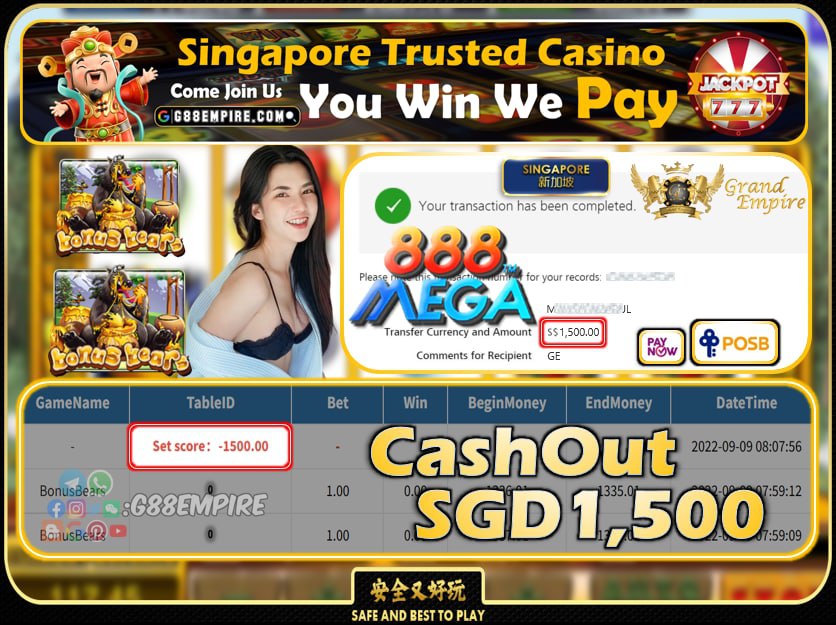 MEGA888 ~ BONUSBEARS CASHOUT  SGD1500 !!!