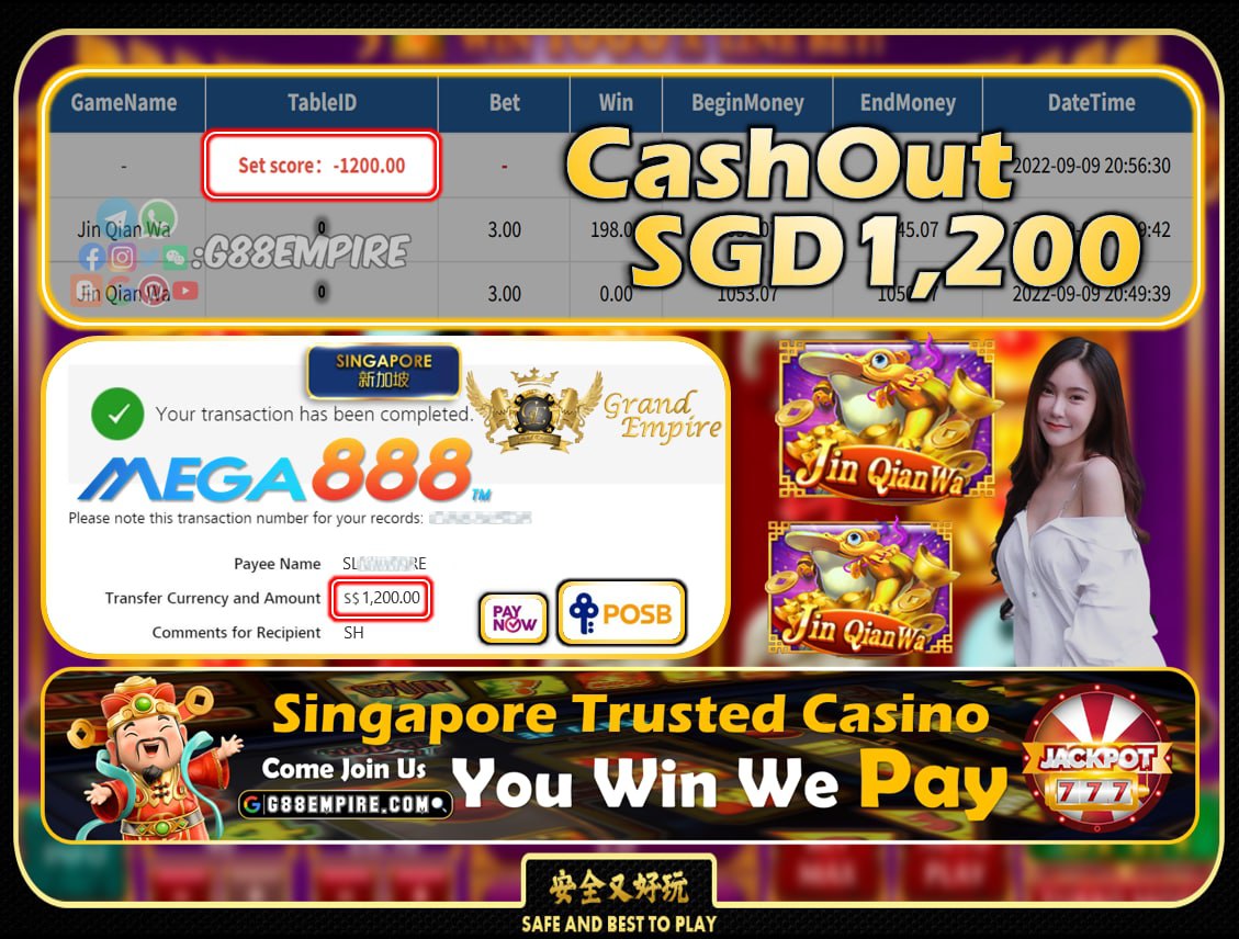 MEGA888 ~ JIAN QIAN WA CASHOUT SGD1200!!!