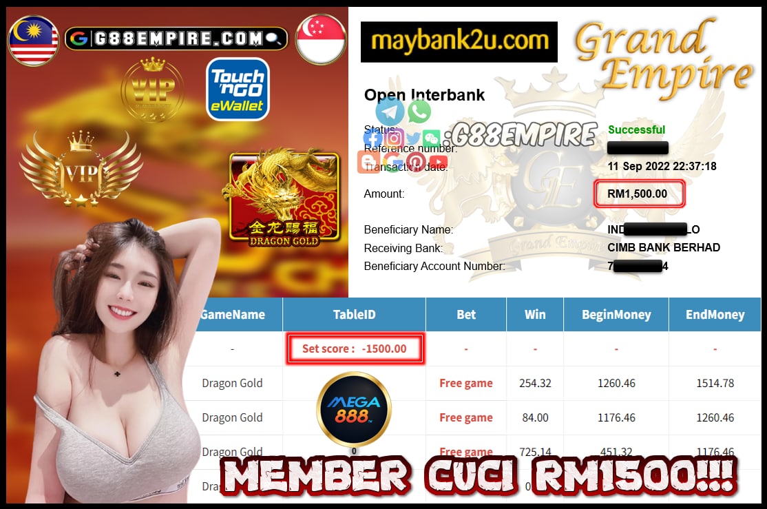 MEGA888 DRAGON GOLD CUCI RM1500!